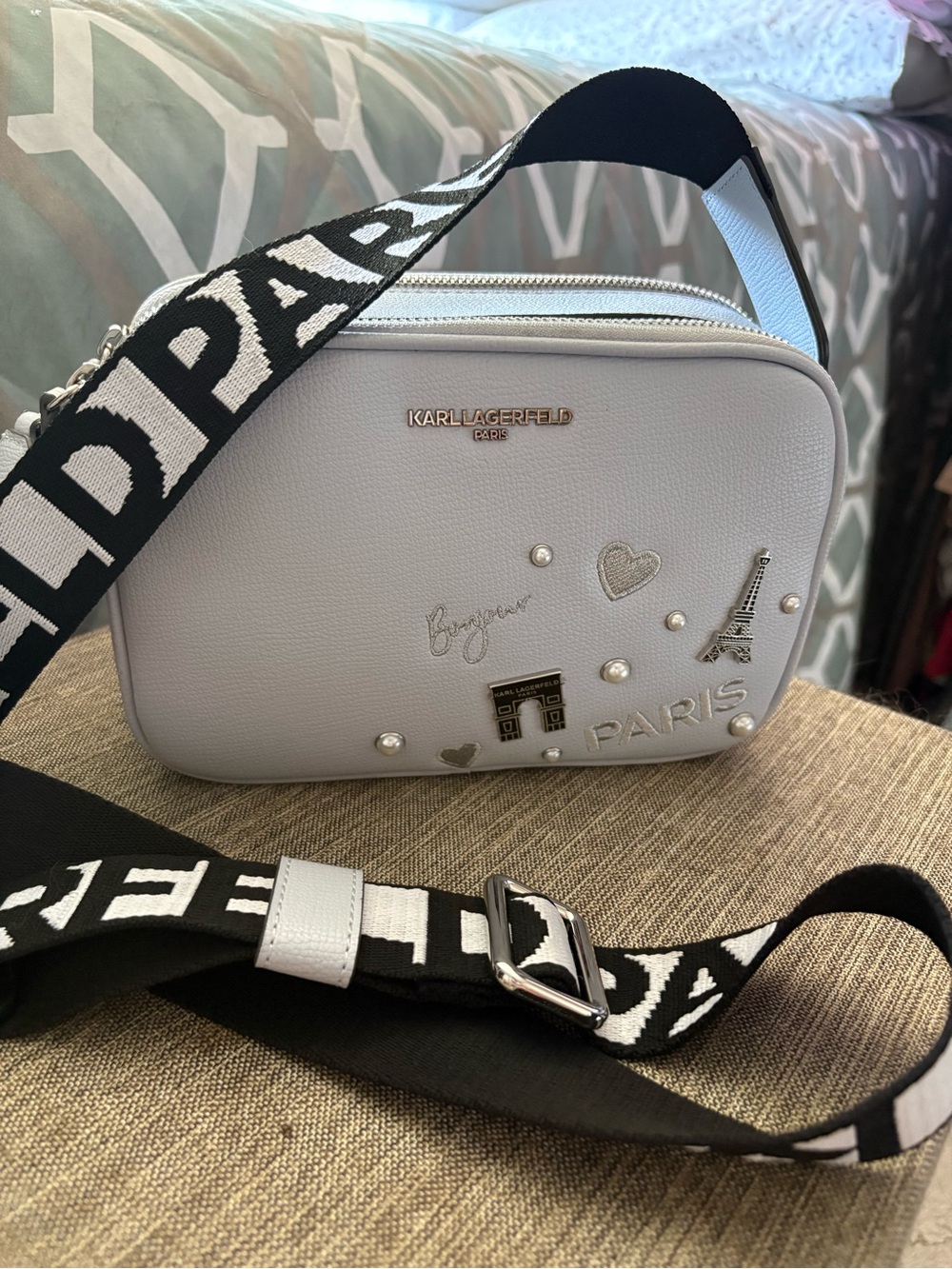 Karl Lagerfeld Light Gray Paris Embellished Crossbody Bag with Black Strap